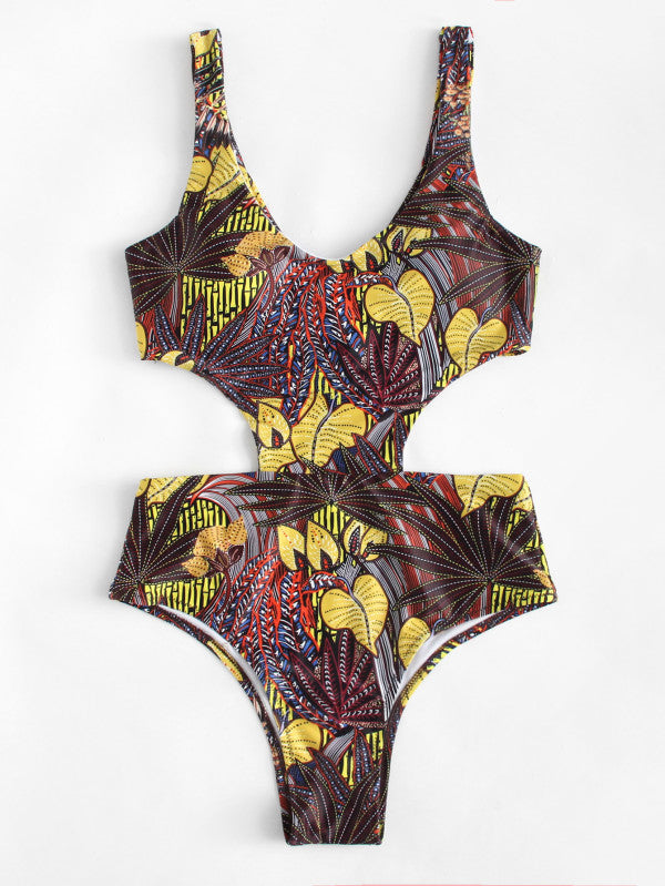 Jungle Print Cutout Black Swimsuit