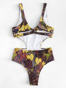 Jungle Print Cutout Black Swimsuit