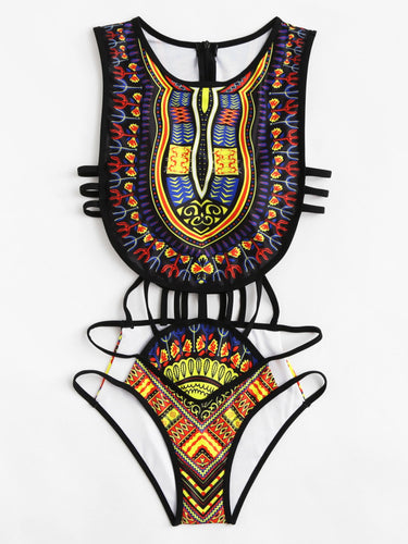 Geometric Pattern Ladder Cutout Swimsuit