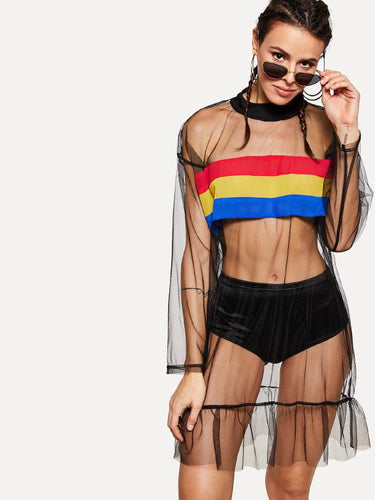 Striped Sheer Mesh Ruffle Hem Dress