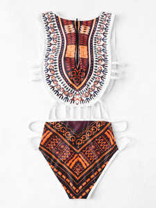 Ladder Cutout Mixed Print Swimsuit