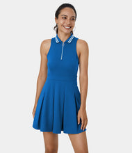 HALARA COLLARED HALF ZIP SIDE POCKET2-PIECE PLEATED GOLF DRESS-GOLF TEE POCKET (INDIGO BLUE)