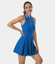 HALARA COLLARED HALF ZIP SIDE POCKET2-PIECE PLEATED GOLF DRESS-GOLF TEE POCKET (INDIGO BLUE)