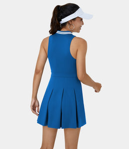 HALARA COLLARED HALF ZIP SIDE POCKET2-PIECE PLEATED GOLF DRESS-GOLF TEE POCKET (INDIGO BLUE)