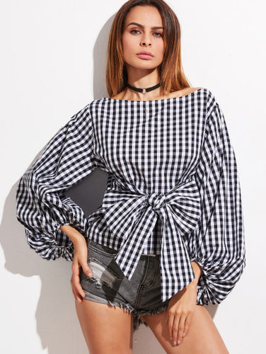 Gingham Bow Front Oversized Lantern Sleeve Top