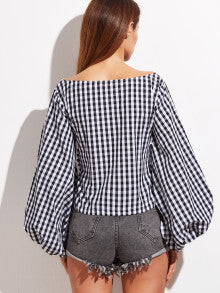 Gingham Bow Front Oversized Lantern Sleeve Top