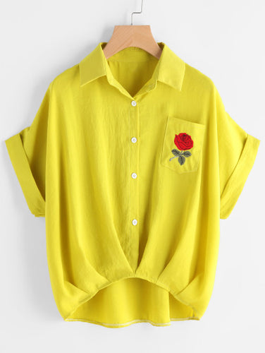 Cuffed Rose Embroidered Dip Hem Shirt w Chest Pocket
