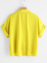 Cuffed Rose Embroidered Dip Hem Shirt w Chest Pocket
