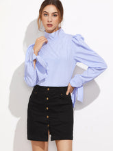 Blue Striped High Neck Tied Puff Sleeve Button