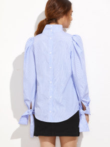 Blue Striped High Neck Tied Puff Sleeve Button