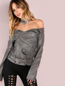 Black Faux Leather Off The Shoulder Belted Hem Biker Jacket