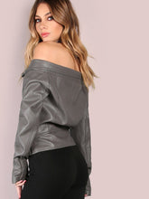 Black Faux Leather Off The Shoulder Belted Hem Biker Jacket