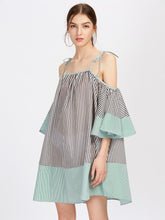 Tie Shoulder Flute Sleeve Vertical Striped Dress