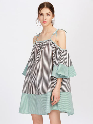 Tie Shoulder Flute Sleeve Vertical Striped Dress