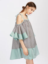 Tie Shoulder Flute Sleeve Vertical Striped Dress