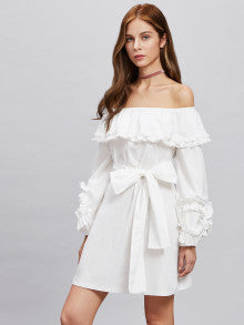 Self Tie Shirred Frill Detail Bardot Dress