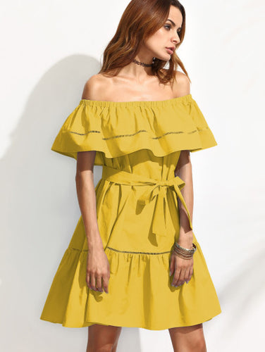 Self Tie Ladder Lace Insert Frill Bardot Dress