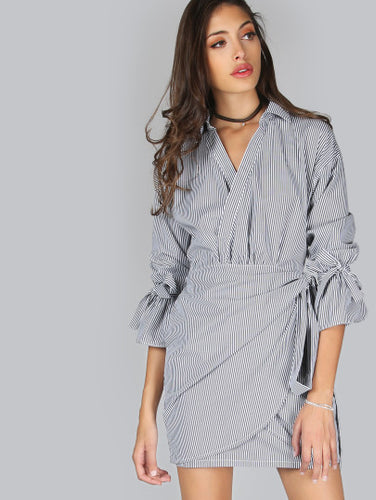 Long Sleeve Wrap Dress BLACK MULTI