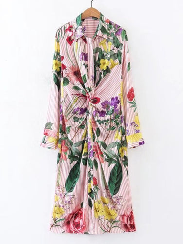 Knot Detail Flower Print Shirt Dress