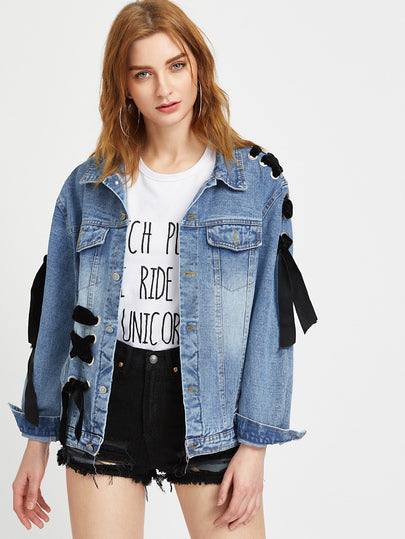 Blue Eyelet Lace Up Detail Denim Jacket