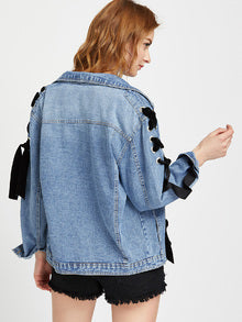 Blue Eyelet Lace Up Detail Denim Jacket