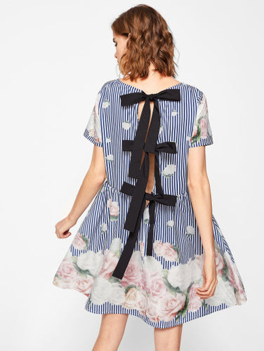 Bow Tied Back Floral & Striped Dress