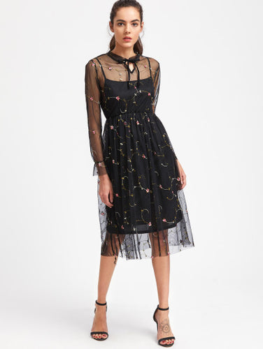 Embroidered Tie Neck Mesh Cami Slip Dress