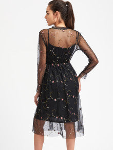 Embroidered Tie Neck Mesh Cami Slip Dress