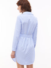 Blue And White Striped Self Belted Embroidered Shirt Dress