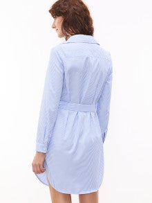 Blue And White Striped Self Belted Embroidered Shirt Dress
