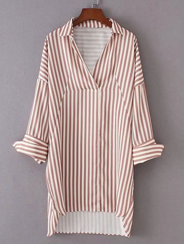 Vertical Striped High Low Shirt Dress