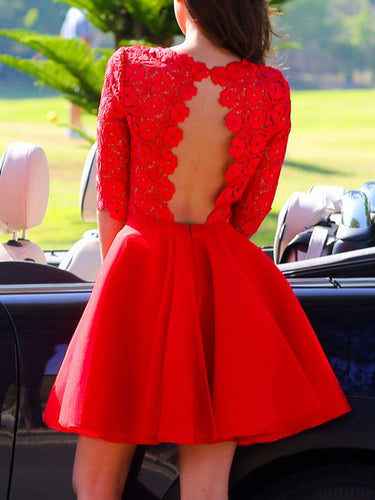Red Ruby Half Sleeve Backless Scallop With Lace Flare Dress