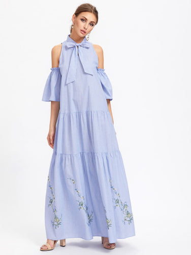 Bow Front Open Shoulder Bell Sleeve Tiered Dress