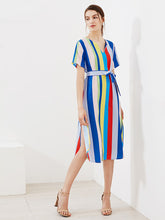 Rainbow Striped V Cut Slit Side Dress