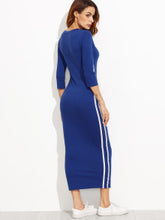 Blue 3/4 Sleeve Striped Side Seam Pencil Dress