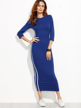 Blue 3/4 Sleeve Striped Side Seam Pencil Dress